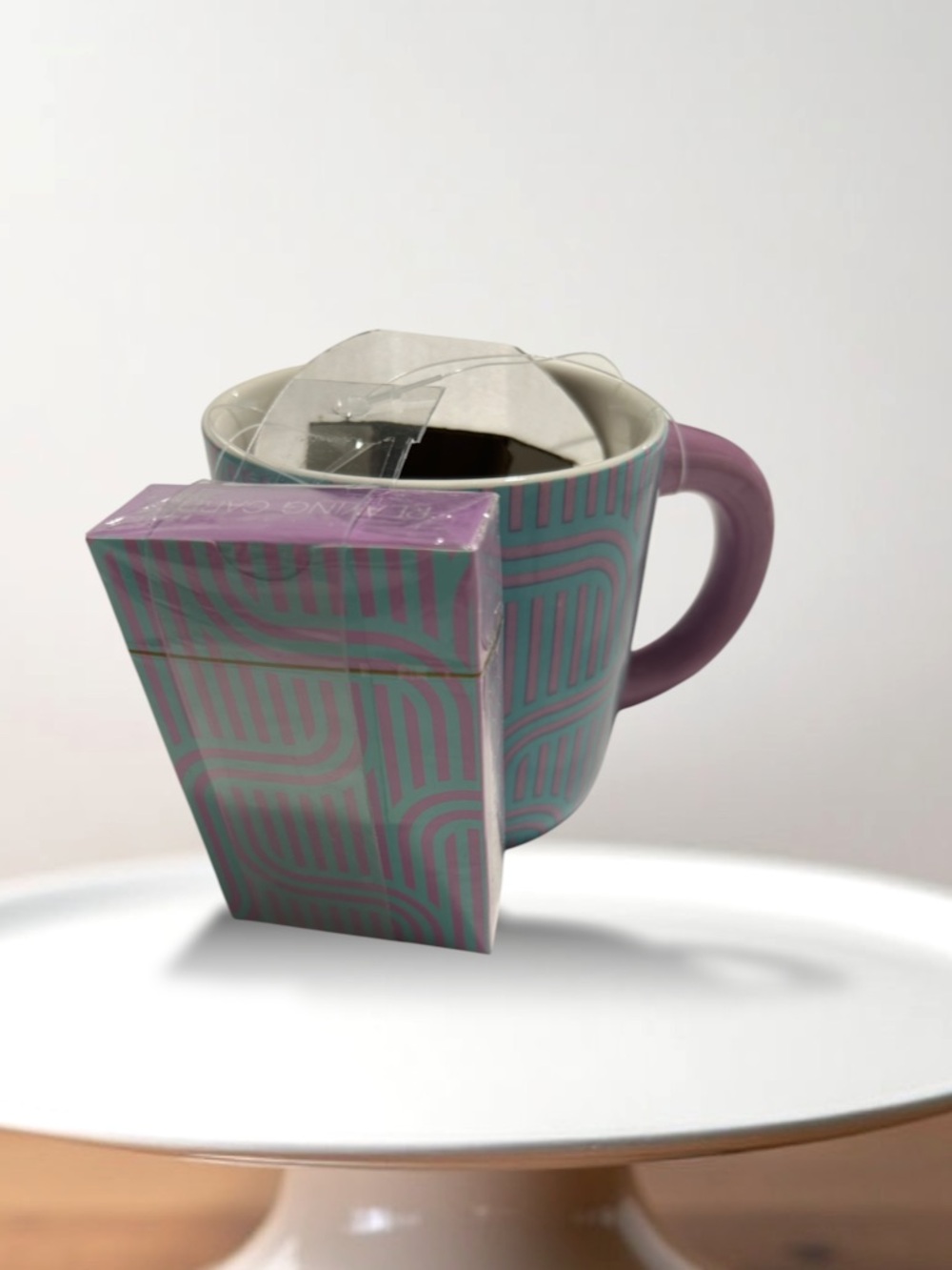 Stylish Pink Handle Teal Patterned Ceramic Mug with playing cards - Picture 2 of 2